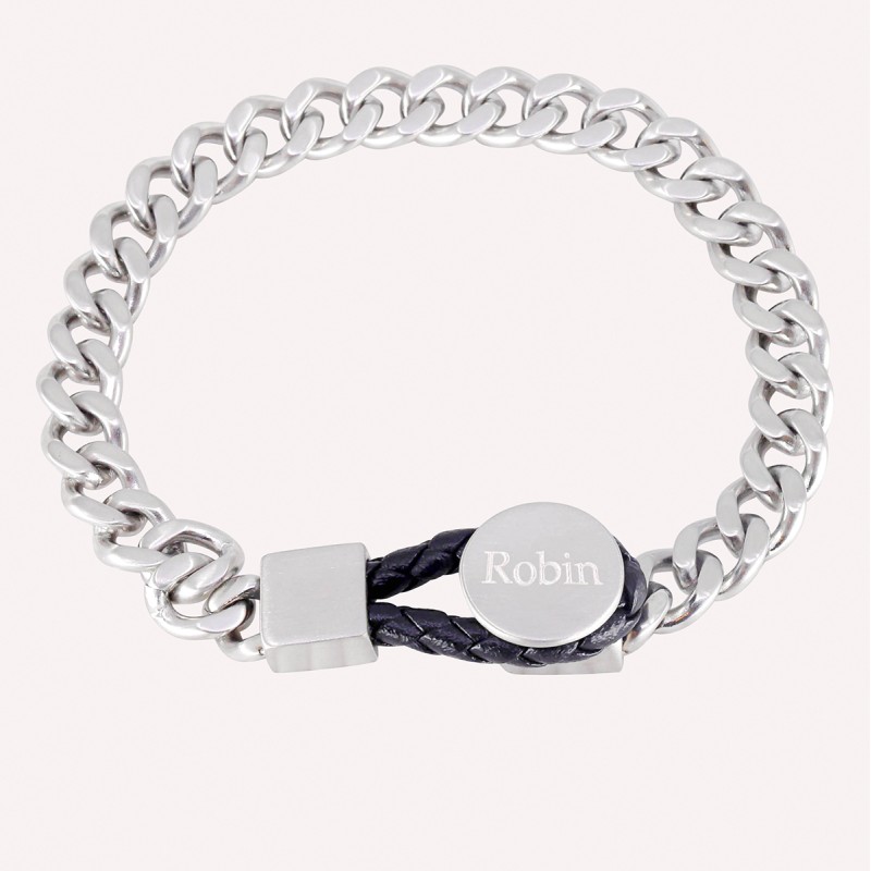 Bracelet gravé pour Homme maille gourmette en Acier et Cuir