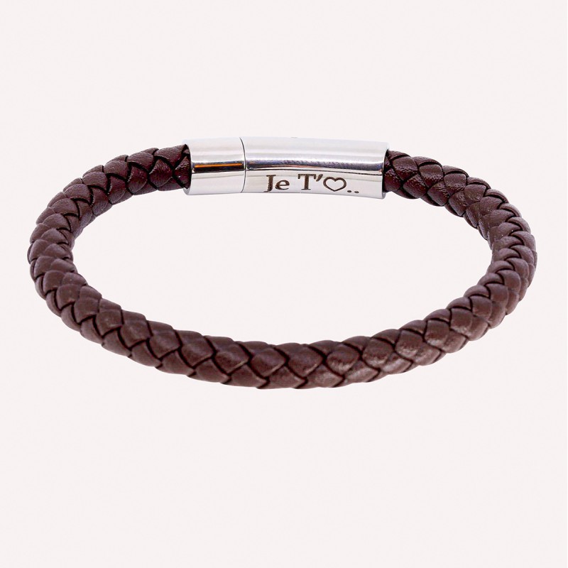 Bracelet homme acier et cuir tressé gravure sur Fermoir