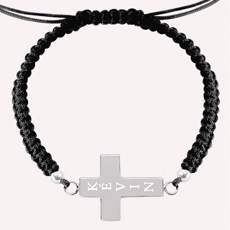 Bracelet shamballa croix gravée en argent 925 pour homme