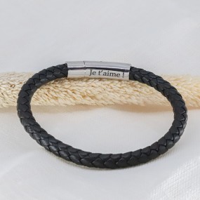 bracelet homme acier cuir noir