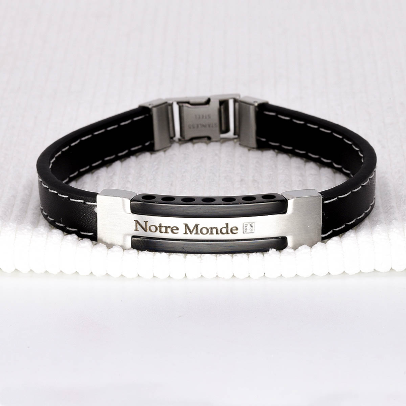 Bracelet pour homme en acier, cuir et zirconium