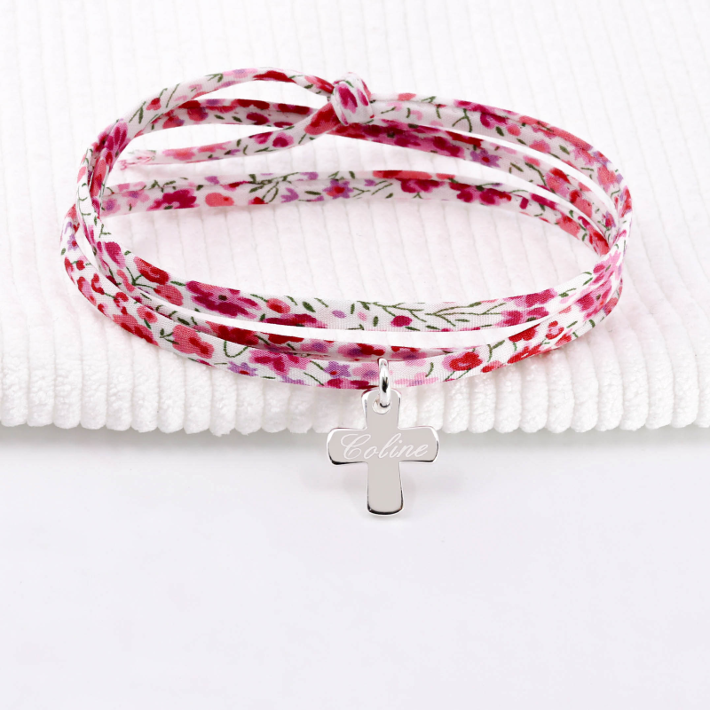 Bracelet personnalisé croix sur liberty en argent 925 ou plaqué or