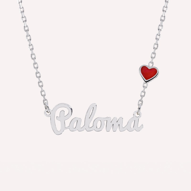 Collier prénom découpé coeur rouge en Argent 925 ou Plaqué Or