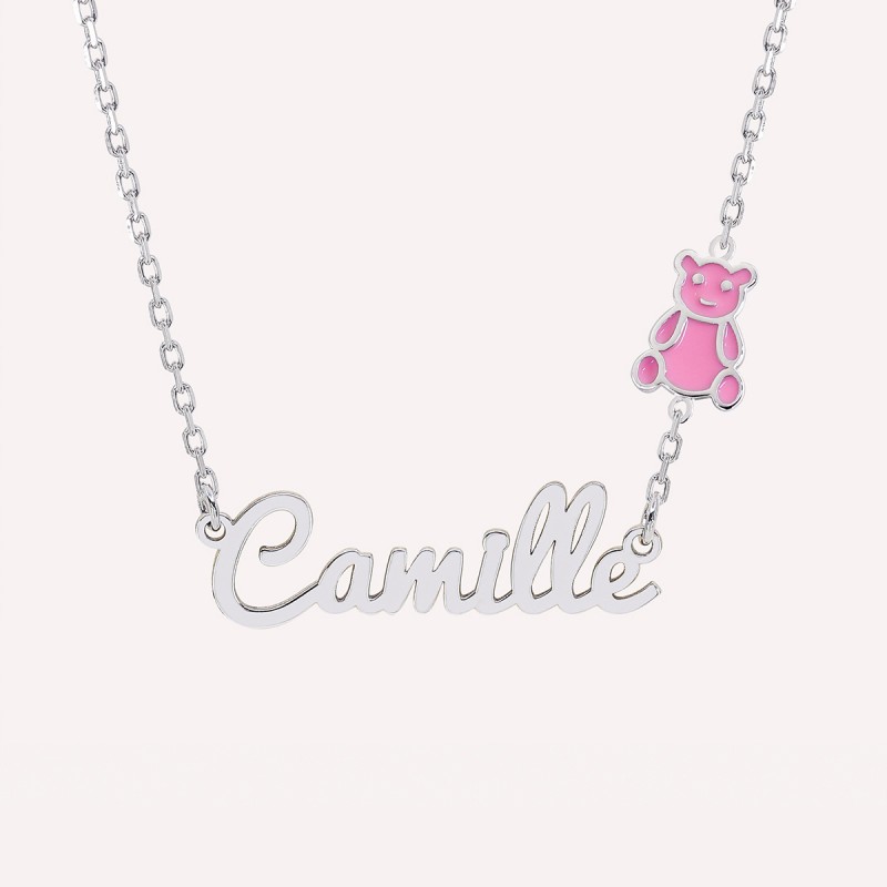 Collier prénom découpé nounours rose en Argent 925 ou Plaqué or