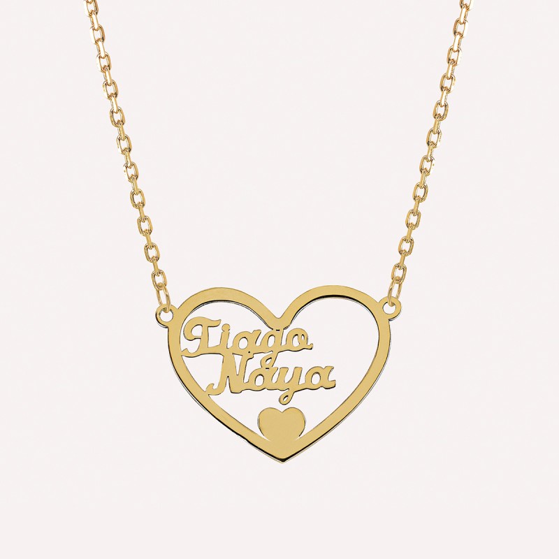 Collier 2 prenoms dans un coeur en Or 18 carat