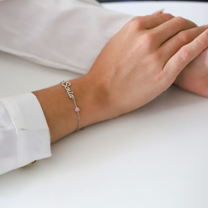 Bracelet prénom découpé coeur rose en Argent 925