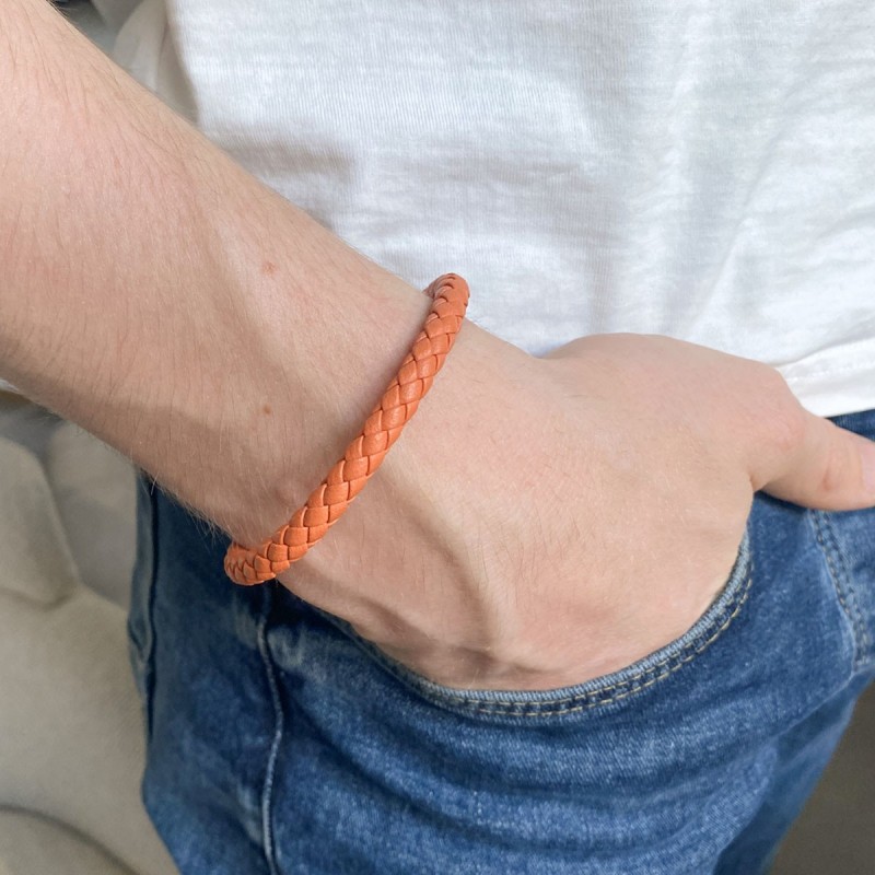 bracelet homme acier cuir orange